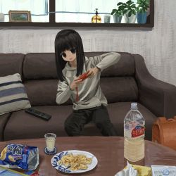 Rule 34 | 1girl, absurdres, apple juice, backpack, bag, bag of chips, black eyes, black hair, black pants, bottle, chips (food), controller, couch, cup, cushion, drinking glass, female focus, food, game controller, highres, hood, hood down, hoodie, indoors, juice, leaning to the side, long sleeves, mario (series), mario kart, mario kart wii, nintendo, open mouth, original, pants, plant, plastic bottle, plate, playing games, potted plant, randoseru, remote control, sa1bi, sitting, solo, table, white hoodie, wii remote, window