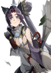 Rule 34 | 1girl, :3, absurdres, armor, asymmetrical sleeves, black hair, blue hair, blush, breast curtains, fate/grand order, fate (series), feather hair ornament, feathers, hair ornament, highres, holding, holding weapon, japanese armor, kneeling, kusazuri, long hair, looking at viewer, navel, purple sleeves, revealing clothes, shot (shot0598), side ponytail, simple background, smile, ushiwakamaru (fate), weapon, white sleeves