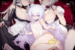 Rule 34 | 3girls, absurdres, azur lane, bare shoulders, barefoot, breasts, cleavage, clothes lift, double bun, dress, dress lift, formidable (azur lane), grey hair, hair between eyes, hair bun, highres, huge filesize, large breasts, le malin (azur lane), lifted by self, long hair, looking at viewer, multiple girls, purple eyes, purple hair, recording, red eyes, see-through, shanyao jiang tororo, short hair, sirius (azur lane), small breasts, thick thighs, thighs, twintails, very long hair