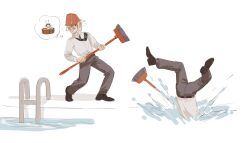 Rule 34 | 1boy, black footwear, blank eyes, broom, bucket, bucket on head, chengongzi123, closed mouth, collared shirt, facial hair, full body, goatee stubble, golden kamuy, grey pants, hands up, highres, holding, holding broom, long sleeves, male focus, necktie, object on head, pants, partially submerged, pool, pool ladder, shirt, shoes, simple background, standing, striped necktie, stubble, thought bubble, tsukishima hajime, upside-down, water, white background