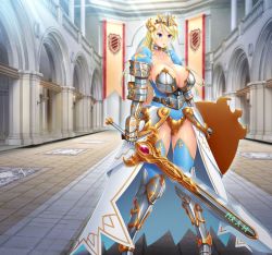Rule 34 | 1girl, armor, armored dress, blonde hair, blue eyes, blush, breasts, collar, crown, farasha awar crusch, highres, holding, holding sword, holding weapon, huracan, hypnosis, indoors, kyonyuu princess saimin, large breasts, mind control, plate armor, shield, sword, tagme, uncensored, weapon