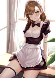 Rule 34 | 1girl, alternate costume, apron, arm support, backlighting, black dress, blush, bow, bowtie, breasts, brown eyes, brown hair, cleavage, closed mouth, commentary request, cowboy shot, curtains, dress, enmaided, frilled apron, frills, hair ornament, hairclip, indoors, looking at viewer, maid, maid headdress, making-of available, medium breasts, misaka mikoto, plant, puffy short sleeves, puffy sleeves, short sleeves, sitting, solo, sweatdrop, tasuku (user fkzv3343), thighhighs, toaru kagaku no railgun, toaru majutsu no index, virtual youtuber, waist apron, white apron, white thighhighs, window, zettai ryouiki