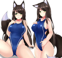 Rule 34 | 2girls, animal ears, ass, bare arms, bare shoulders, black hair, blue one-piece swimsuit, breasts, collarbone, competition swimsuit, covered navel, covered erect nipples, fox ears, fox girl, fox tail, groin, hand on own chest, hand up, highleg, highres, large breasts, long hair, looking at viewer, multiple girls, one-piece swimsuit, original, parted lips, siblings, simple background, smile, sogaya, swimsuit, tail, thighs, twins, white background