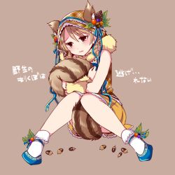 Rule 34 | 10s, 1girl, acorn, animal ears, bare shoulders, blue footwear, bobby socks, brown background, brown eyes, drill hair, earrings, ears through headwear, full body, hood, hugging own tail, hugging tail, idolmaster, idolmaster cinderella girls, jewelry, knees together feet apart, leaf, light brown hair, miniskirt, morikubo nono, open mouth, pinecone, shoes, short hair, simple background, sitting, skirt, socks, solo, squirrel ears, squirrel tail, tail, translation request, wavy mouth, wemu (ivycrown), yellow skirt