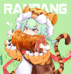 Rule 34 | 1girl, animal costume, animal print, bag, crossed bangs, dragon talon clan ranpang, eating, fake tail, food, ganmoumou, green background, green hair, guardian tales, highres, looking at another, meat, official alternate costume, purple eyes, tail, tiger costume, tiger print