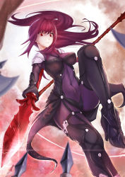 Rule 34 | 1girl, blurry, bodysuit, breasts, covered navel, depth of field, dual wielding, fate/grand order, fate (series), gae bolg (fate), hakui (b600723), highres, holding, large breasts, long hair, polearm, purple bodysuit, purple hair, red eyes, scathach (fate), scathach (fate), solo, spear, weapon
