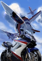 Rule 34 | aircraft, armor, canards, cloud, cockpit, commentary, commentary request, fan racer, flying, helmet, highres, honda, k-kat, macross, mecha, motor vehicle, motorcycle, pilot, pilot suit, realistic, robot, roundel, science fiction, spacesuit, u.n. spacy, variable fighter, vehicle focus, vf-1