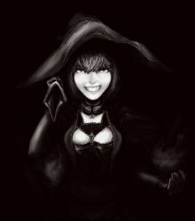 Rule 34 | 1girl, bad id, bad pixiv id, breasts, cleavage, grin, idora (rsgamers0927), monochrome, original, smile, solo, upper body, witch