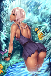 Rule 34 | 10s, 1girl, absurdres, alternate costume, arm support, ass, back, bent over, black gloves, blurry, braid, breasts, covered erect nipples, crotch seam, dappled sunlight, dark-skinned female, dark skin, depth of field, dress, dripping, flower, forest, gloves, god eater, god eater 2: rage burst, grass, half gloves, highres, lace, leaning forward, livie collet, long hair, looking at viewer, nature, outdoors, parted lips, profile, sash, shade, short dress, sideboob, silver hair, sleeveless, sleeveless dress, solo, standing, sunlight, tree, upskirt, wading, watanuki kaname, water, wet, wet hair, wrist wrap, yellow eyes