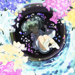 Rule 34 | 1girl, :o, abe kanari, afloat, bucket, child, feet, female focus, floating, flower, foreshortening, green eyes, green hair, hair bobbles, hair ornament, in bucket, in container, japanese clothes, kisume, matching hair/eyes, off shoulder, petals, socks, soles, solo, touhou, twintails, water, white socks