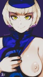 Rule 34 | 1girl, absurdres, aurahack, bare shoulders, breasts, clothing aside, elizabeth (persona), exhibitionism, eyebrows, eyeliner, hat, high collar, highres, large breasts, looking at viewer, makeup, nipples, no bra, one breast out, pale skin, persona, persona 3, public indecency, purple background, short hair, smile, solo, twitter username, white hair, yellow eyes