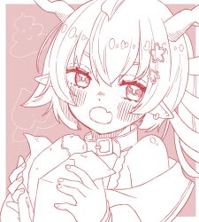 Rule 34 | 1girl, belt collar, blush, collar, commentary request, demon girl, demon horns, earrings, fang, flower, food, hair flower, hair ornament, highres, holding, holding food, horns, islandz, jewelry, long hair, looking at viewer, medium bangs, monochrome, nanashi inc., off shoulder, oinomori may, oinomori may (1st costume), one side up, open mouth, pink theme, pointy ears, roasted sweet potato, single earring, skin fang, solo, sweet potato, upper body, virtual youtuber