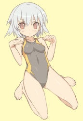 Rule 34 | 10s, 1girl, bad id, bad pixiv id, barefoot, ben-tou, blade (galaxist), blush, breasts, brown eyes, competition swimsuit, full body, grey hair, kneeling, one-piece swimsuit, red eyes, short hair, simple background, solo, swimsuit, yarizui sen, yellow background