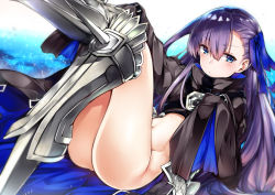 Rule 34 | 10s, 1girl, armor, armored boots, ass, blue eyes, boots, bottomless, fate/extra, fate/extra ccc, fate (series), hair ribbon, long hair, long sleeves, looking at viewer, meltryllis (fate), navel, purple hair, revealing clothes, ribbon, solo, spikes, very long hair, yuhito (ablbex)