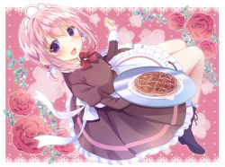 Rule 34 | 1girl, absurdres, artist request, boots, bow, bowtie, character request, commentary request, copyright request, dress, flower, food, frilled skirt, frills, highres, juliet sleeves, long sleeves, looking at viewer, looking up, maid, maid headdress, pie, pink hair, plate, puffy sleeves, purple eyes, red bow, red bowtie, rose, short hair, skirt, solo, tray