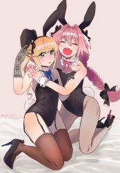 Rule 34 | 1boy, 1other, :o, ^ ^, alternate hairstyle, androgynous, animal ears, astolfo (fate), bad id, bad pixiv id, bare arms, bare shoulders, bed sheet, black bow, black footwear, black hairband, black leotard, black ribbon, blonde hair, blue eyes, blue nails, blue ribbon, blush, bow, braid, brown legwear, chevalier d&#039;eon (fate), closed eyes, collar, collarbone, commentary request, covered navel, crossdressing, embarrassed, facing viewer, fake animal ears, fake tail, fang, fate/grand order, fate (series), fishnet gloves, fishnet pantyhose, fishnets, floating hair, footwear bow, frilled collar, frills, furrowed brow, garter straps, gloves, green eyes, hair between eyes, hair bow, hair intakes, hair ribbon, hairband, hand on another&#039;s arm, hand up, hands on another&#039;s shoulders, high heels, highres, hug, kneeling, leotard, long hair, looking at viewer, male playboy bunny, multicolored eyes, multicolored hair, nail polish, namaru maru, neck ribbon, nose blush, open mouth, pantyhose, pink background, pink hair, pink nails, pink ribbon, playboy bunny, rabbit ears, rabbit tail, ribbon, shoes, side ponytail, sidelocks, single braid, strapless, streaked hair, sweatdrop, tail, twitter username, very long hair, white collar, wrist cuffs, yellow eyes