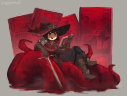 Rule 34 | 1girl, armor, belt boots, black hair, black pants, book, boots, brown footwear, brown gloves, crossed legs, full body, gloves, grey background, hat, hat belt, holding, holding book, large hat, open mouth, original, pants, poncho, red eyes, red poncho, red theme, short hair, shoulder armor, sitting, smile, souperior, sword, tentacles, twitter username, weapon, witch hat