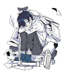 Rule 34 | 1boy, aiba ibuki, bandaged leg, bandages, black hair, blue eyes, blue footwear, book, bright pupils, chinese commentary, chromatic aberration, commentary request, crutch, grey pants, hair over one eye, hood, hood down, hoodie, hugging own legs, male focus, pants, partially colored, pile of books, red-xii, saibou shinkyoku, short hair, sitting, solo, white pupils