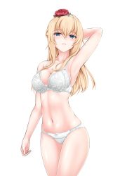Rule 34 | 1girl, arm at side, arm behind head, arm up, armpits, bad id, bad pixiv id, blonde hair, blue eyes, bra, braid, breasts, cleavage, collarbone, cowboy shot, flower, french braid, hair between eyes, hair flower, hair ornament, hairband, highres, kantai collection, looking at viewer, medium breasts, navel, panties, red flower, red rose, rose, seductive smile, simple background, smile, solo, standing, stomach, straight hair, thighs, underwear, underwear only, warspite (kancolle), white background, white bra, white hairband, white panties, z5987
