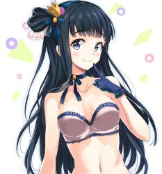 Rule 34 | 1girl, bad id, bad twitter id, bare arms, bare shoulders, black hair, blue eyes, blue gloves, blue neckwear, blue ribbon, bra, breasts, choker, cleavage, collarbone, crown, female focus, finger to mouth, frilled bra, frills, gloves, grey bra, hair ornament, hair ribbon, hair rings, hand up, jpeg artifacts, kuonji shizuka, long hair, looking at viewer, medium breasts, midriff, mini crown, mirai denki, navel, neck, one side up, ribbon, ribbon choker, solo, strapless, strapless bra, tokyo 7th sisters, underwear