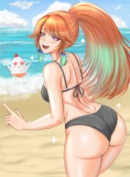 Rule 34 | 1girl, 1other, ass, bare shoulders, bikini, bird, blush, breasts, chicken, dimples of venus, from behind, gradient hair, green hair, highres, hololive, hololive english, leaning, leaning forward, long hair, looking at viewer, medium breasts, multicolored hair, open mouth, orange hair, ponytail, purple eyes, sacro kies, shiny skin, sideboob, smile, solo focus, swimsuit, takanashi kiara, very long hair, virtual youtuber