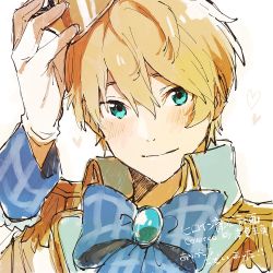Rule 34 | 1boy, aqua eyes, blonde hair, blush, bow, bowtie, brooch, closed mouth, commentary request, crown, gloves, hair between eyes, heart, highres, holostars, jewelry, kishido temma, long sleeves, looking at viewer, male focus, short hair, sketch, smile, solo, translation request, virtual youtuber, white gloves, yufu kyouko