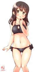 Rule 34 | 1girl, artist logo, bikini, black bikini, black hair, blush, breasts, brown eyes, commentary request, cowboy shot, dated, gluteal fold, hair between eyes, halterneck, halterneck, highres, kanon (kurogane knights), kantai collection, looking at viewer, medium breasts, navel, open mouth, oyashio (kancolle), side-tie bikini bottom, simple background, solo, swimsuit, thigh gap, twitter username, white background