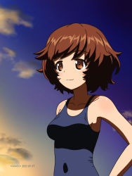 Rule 34 | 1girl, akiyama yukari, artist name, blue one-piece swimsuit, brown eyes, brown hair, closed mouth, cloud, cloudy sky, commentary, covered navel, dated, girls und panzer, highres, looking to the side, messy hair, naotosi, one-piece swimsuit, outdoors, school swimsuit, short hair, sky, smile, solo, swimsuit, twilight, upper body