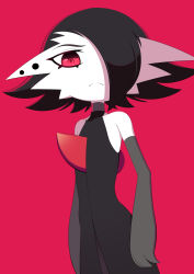 Rule 34 | 1girl, alternate color, alternate shiny pokemon, artist name, bare shoulders, black dress, black hair, closed mouth, collarbone, colored skin, cowboy shot, creatures (company), dress, earrings, elbow gloves, female focus, flat chest, game freak, gardevoir, gen 3 pokemon, gloves, grey gloves, hair over one eye, highres, jewelry, looking at viewer, multiple earrings, nintendo, one eye covered, pokemon, pokemon (creature), red background, red eyes, short hair, signature, simple background, sleeveless, sleeveless dress, solo, split mouth, standing, white skin, winkyfaces