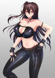 Rule 34 | 1girl, absurdres, alternate costume, azur lane, belt, breasts, brown belt, brown hair, bustier, cleavage, fingerless gloves, gloves, gradient background, grey background, highres, large breasts, leather, leather pants, long hair, looking at viewer, midriff, navel, pants, shiny clothes, shiny skin, simple background, smile, solo, standing, stomach, teeth, ville87804, yellow eyes, zuikaku (azur lane)