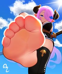 Rule 34 | 1girl, absurdres, barefoot, blue eyes, feet, female focus, foot focus, from below, granblue fantasy, hair over one eye, highres, horns, long hair, looking at viewer, narmaya (granblue fantasy), pink hair, pointy ears, pov, smile, soles, solo, standing, standing on one leg, sunlight, sword, toes, weapon