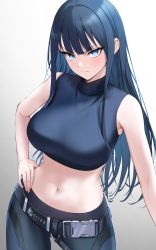 Rule 34 | 1girl, bare arms, belt, black belt, black pants, black shirt, blue archive, blue eyes, blue hair, breasts, closed mouth, cowboy shot, crop top, gradient background, grey background, hand on own hip, highres, hogemi, large breasts, long hair, looking at viewer, midriff, navel, pants, saori (blue archive), shirt, sleeveless, sleeveless shirt, solo, white background