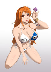Rule 34 | 1girl, bikini, breasts, brown eyes, cleavage, condom, condom wrapper, highres, holding, holding condom, huge breasts, large breasts, long hair, looking at viewer, nami (one piece), navel, one piece, orange hair, smile, solo, standing, swimsuit, tongue, tongue out, wet