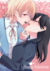 Rule 34 | 2girls, absurdres, black hair, black jacket, blonde hair, blue sweater vest, blush, chocolate, closed eyes, collared shirt, commentary request, couple, feeding, finger to another&#039;s mouth, food in mouth, happy valentine, highres, honda sora, imminent kiss, jacket, kashikaze, lonely girl ni sakaraenai, long hair, long sleeves, looking at another, multiple girls, neck ribbon, open mouth, orange eyes, pink background, red ribbon, ribbon, sakurai ayaka (lonely girl ni sakaraenai), school uniform, sharing food, shirt, short hair, sweatdrop, sweater vest, upper body, valentine, white shirt, yuri