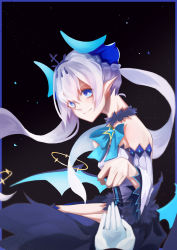 Rule 34 | 1girl, absurdres, bare shoulders, collar, crown, demon girl, demon horns, elsword, floating, floating object, from side, gold trim, highres, horns, ladiance, long hair, low wings, luciela r. sourcream, noblesse (elsword), outdoors, pointy ears, reaching, reaching towards viewer, ribbon, sky, smile, solo focus, star-shaped pupils, star (sky), star (symbol), starry sky, symbol-shaped pupils, white hair, wings