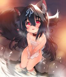 Rule 34 | 1girl, animal ear fluff, animal ears, artist name, between legs, black hair, blue ribbon, blush, collar, dog ears, dog girl, dog tail, fangs, from above, hair between eyes, hair intakes, hair ribbon, hand between legs, highres, kannagi cocoa, looking at viewer, onsen, original, parted lips, red collar, red eyes, ribbon, smile, soaking feet, solo, spaghetti strap, tail, toba hiyoko, twitter username, wet, wet clothes