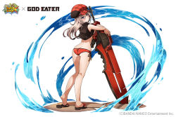 Rule 34 | 10s, 1girl, alisa ilinichina amiella, ass, bikini, blue eyes, blush, breasts, butt crack, elbow gloves, feet, fingerless gloves, from behind, gloves, god eater, hat, huge weapon, long hair, looking at viewer, official art, simple background, solo, swimsuit, sword, weapon, white hair