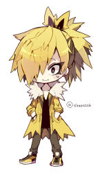 Rule 34 | 1boy, androgynous, artist name, black shirt, blonde hair, blush, blush stickers, bracelet, bright pupils, brown eyes, brown hair, chibi, closed mouth, coat, collarbone, constricted pupils, creatures (company), earrings, full body, fur-trimmed coat, fur collar, fur trim, game freak, gen 1 pokemon, grey pants, hair over one eye, hair ribbon, hands in pockets, jewelry, legendary pokemon, light blush, long sleeves, male focus, multicolored hair, nintendo, one eye covered, open clothes, open coat, pants, personification, pokemon, ponytail, ribbon, shira (sirairo116), shirt, shoes, sidelocks, signature, simple background, solo, spiked hair, standing, stud earrings, sweat, twitter username, two-tone hair, white background, white pupils, wide-eyed, yellow coat, yellow footwear, yellow ribbon, zapdos