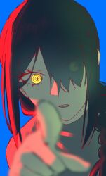 Rule 34 | 1girl, absurdres, black hair, blue background, blurry, blurry foreground, braid, braided ponytail, chainsaw man, eyes visible through hair, hair over one eye, highres, jebi, looking at viewer, medium hair, nayuta (chainsaw man), open mouth, pointing, pointing at viewer, ringed eyes, simple background, solo, yellow eyes