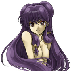 Rule 34 | 1girl, bell, breasts, censored, cleavage, convenient censoring, double bun, eyeshadow, long hair, lowres, makeup, nekomaru, nude, purple hair, ranma 1/2, red eyes, shampoo (ranma 1/2), smile, solo, upper body