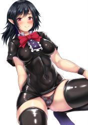 Rule 34 | 1girl, black dress, black hair, black panties, black thighhighs, blush, bow, bow panties, breasts, cameltoe, closed mouth, commentary request, covered erect nipples, covered navel, dress, ebi 193, houjuu nue, impossible clothes, light smile, looking at viewer, medium breasts, microdress, necktie, panties, pointy ears, red eyes, red necktie, shiny clothes, short sleeves, simple background, solo, squatting, thighhighs, touhou, underwear, white background, wristband