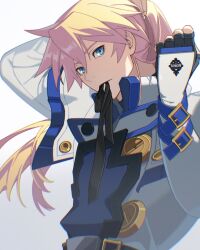 Rule 34 | 1boy, aqua eyes, ark1478, black gloves, blonde hair, fingerless gloves, gloves, guilty gear, guilty gear xrd, hair between eyes, highres, ky kiske, long hair, long sleeves, looking at viewer, male focus, mouth hold, ponytail, ribbon, ribbon in mouth, simple background, tail, tail ornament, tail ribbon, tying hair, upper body