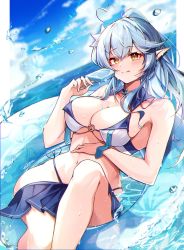 Rule 34 | 1girl, :p, alternate costume, blue hair, blush, breasts, cloud, cloudy sky, floater (floater80012059), food, highres, hololive, large breasts, long hair, misoni (mi so ni t), popsicle, popsicle stick, signature, skirt, sky, swimsuit, tongue, tongue out, virtual youtuber, water, water drop, wet, wet clothes, yellow eyes, yukihana lamy