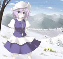 Rule 34 | 1girl, arms behind back, blue eyes, blue pony, bluepony, dress, female focus, hat, landscape, letty whiterock, mountain, purple hair, short hair, smile, snow, solo, touhou, tree