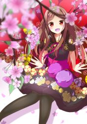 Rule 34 | 1girl, blush, brown hair, chacha (fate), dress, fate/grand order, fate (series), flower, hairband, long hair, open mouth, pantyhose, red eyes