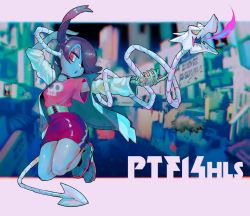 Rule 34 | 1girl, 2019, alternate costume, blue skin, cityscape, colored skin, fire, hair over one eye, highres, jacket, keep charge, leviathan (skullgirls), purple hair, red eyes, shirt, side ponytail, skirt, skullgirls, solo, squigly (skullgirls), t-shirt, yellow eyes, zombie