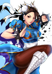 Rule 34 | 1girl, bracelet, breasts, brown eyes, brown hair, bun cover, capcom, china dress, chinese clothes, chun-li, clenched hand, double bun, dress, fighting stance, hair bun, highres, jewelry, large breasts, looking at viewer, pantyhose, pelvic curtain, sample watermark, solo, spiked bracelet, spikes, street fighter, watermark, yuuko takega