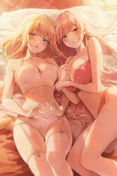 Rule 34 | 2girls, absurdres, bare arms, bare shoulders, blonde hair, blue eyes, bra, braid, breasts, cleavage, collarbone, frilled bra, frills, frown, garter straps, heart, heart hands, highres, large breasts, lying, meoyo, multiple girls, navel, on back, on bed, open mouth, original, panties, pink bra, pink hair, pink panties, red eyes, skindentation, smile, stomach, strap gap, string bra, string panties, thighhighs, thighs, underwear, underwear only, white bra, white panties, white thighhighs