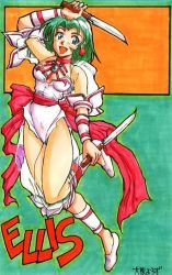 Rule 34 | 1990s (style), 1girl, ankle cuffs, blue eyes, bow, character name, dagger, dancing, earrings, ellis (toushinden), full body, green hair, happy, holding, holding dagger, holding knife, holding weapon, jewelry, knife, leotard, necklace, open mouth, pink bow, retro artstyle, ribbon, see-through, see-through sleeves, short hair, sidelocks, solo, toushinden, two-tone background, weapon, white leotard, wrist cuffs