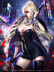Rule 34 | 1girl, bad id, bad pixiv id, black dress, blonde hair, boots, breasts, city, cleavage, contrapposto, cowboy shot, dadachyo, dated, detached collar, dress, earrings, full-length zipper, furyou michi ~gang road~, gun, hair over one eye, handgun, jacket, jewelry, large breasts, long hair, makeup, necklace, parted lips, petals, sleeves rolled up, solo, standing, strapless, strapless dress, sword, thigh boots, thighhighs, weapon, zipper